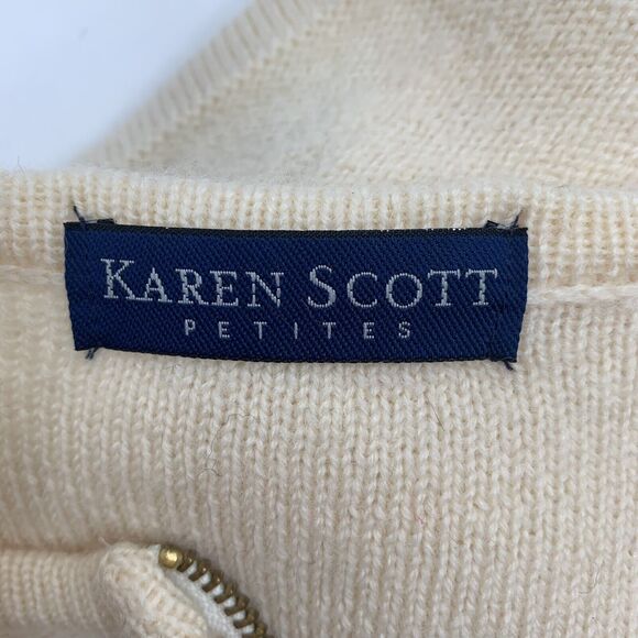 Karen Scott Petite Sz PM Cardigan Sweater Wool Embroidered Sequin Beads Full Zip - Picture 2 of 6